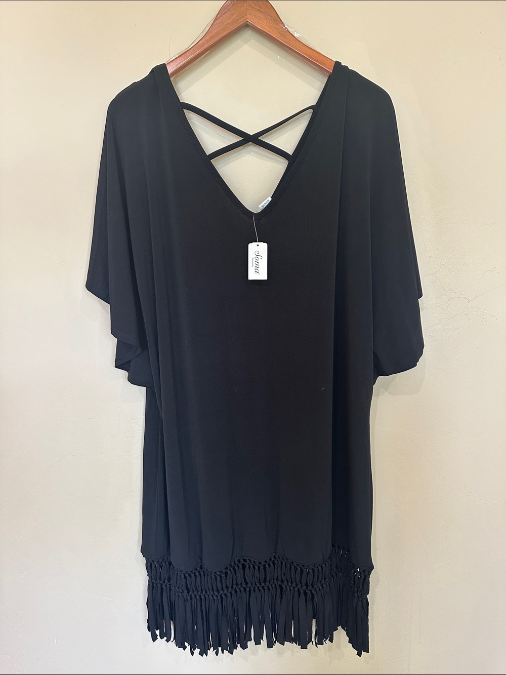 NWT Soma Swim Island Coverup Black Fringe Hem V-Neck Crisscross Back Sz M